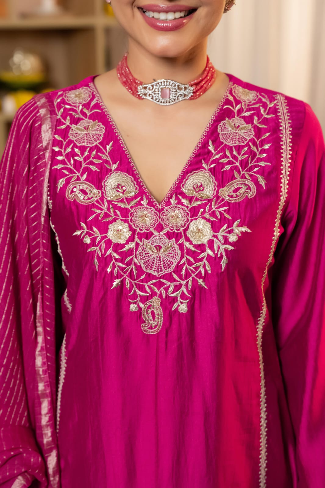 Megenta satoori silk with lining designer three piece set (A1036)