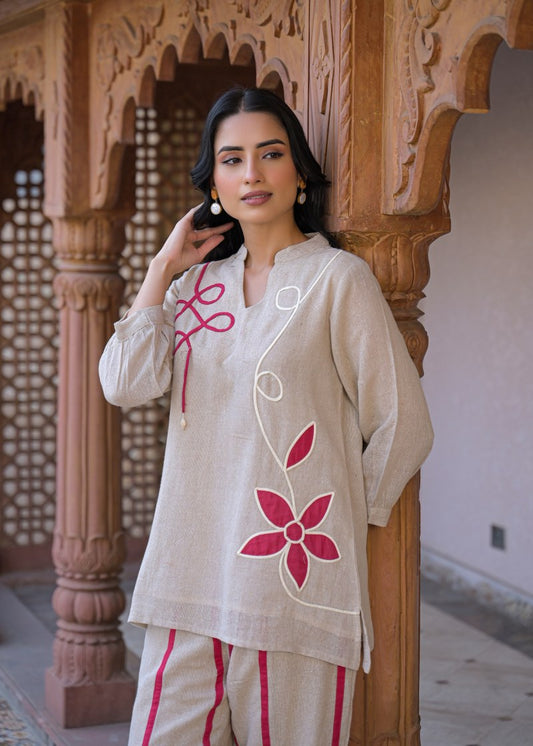 Jute linen with mul lining full dori work smart two piece cordset (B907)