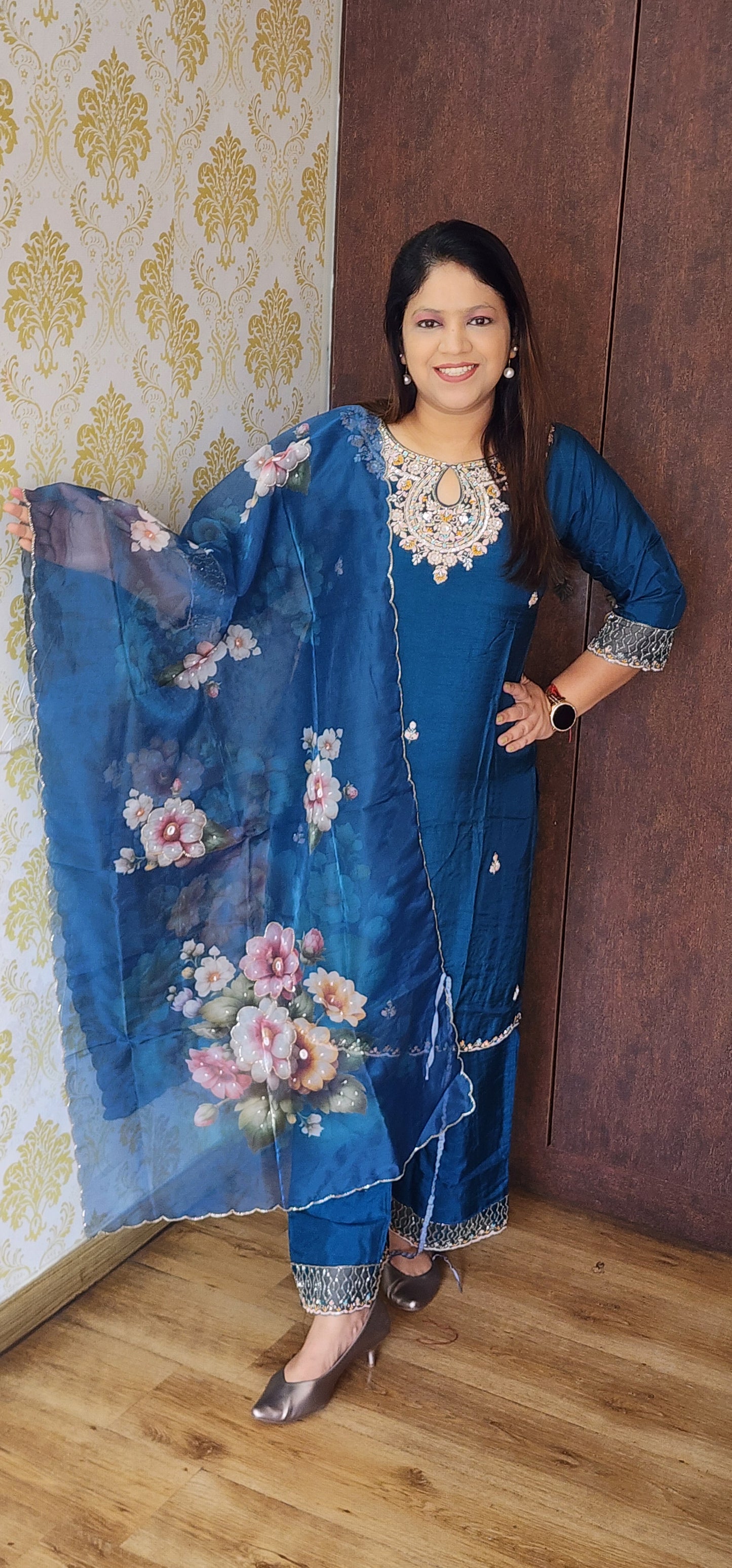 Peacock blue pure dola silk with heavy hand work with designer culotes three piece set (P873)