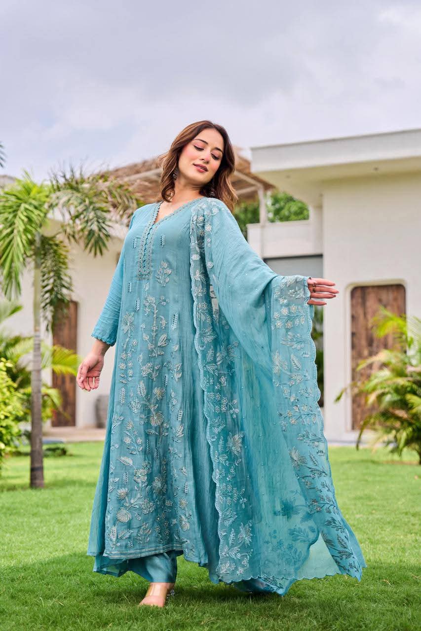 Powder blue pure mul chanderi fully thread work three piece set (A671)