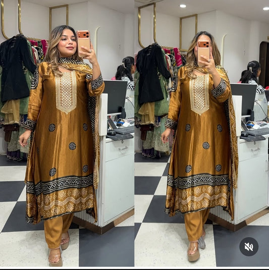 Pure gaji silk A line pattern with bandani dupatta three piece set (S380) (slim fit advice one size up)