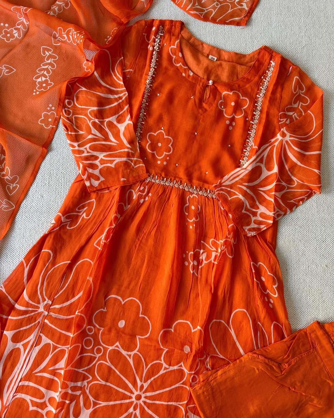 Orange pure organza A line with mul lining three piece set (T159)