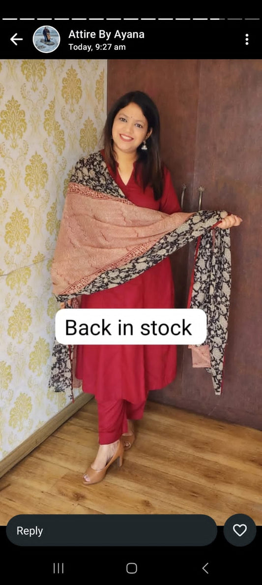 Mahroon cotton linen with block print dupatta three piece set (A1035)