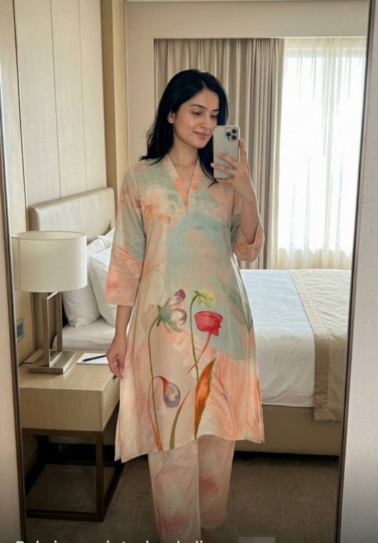 Pure linen digital print smart two piece cordset (B480)