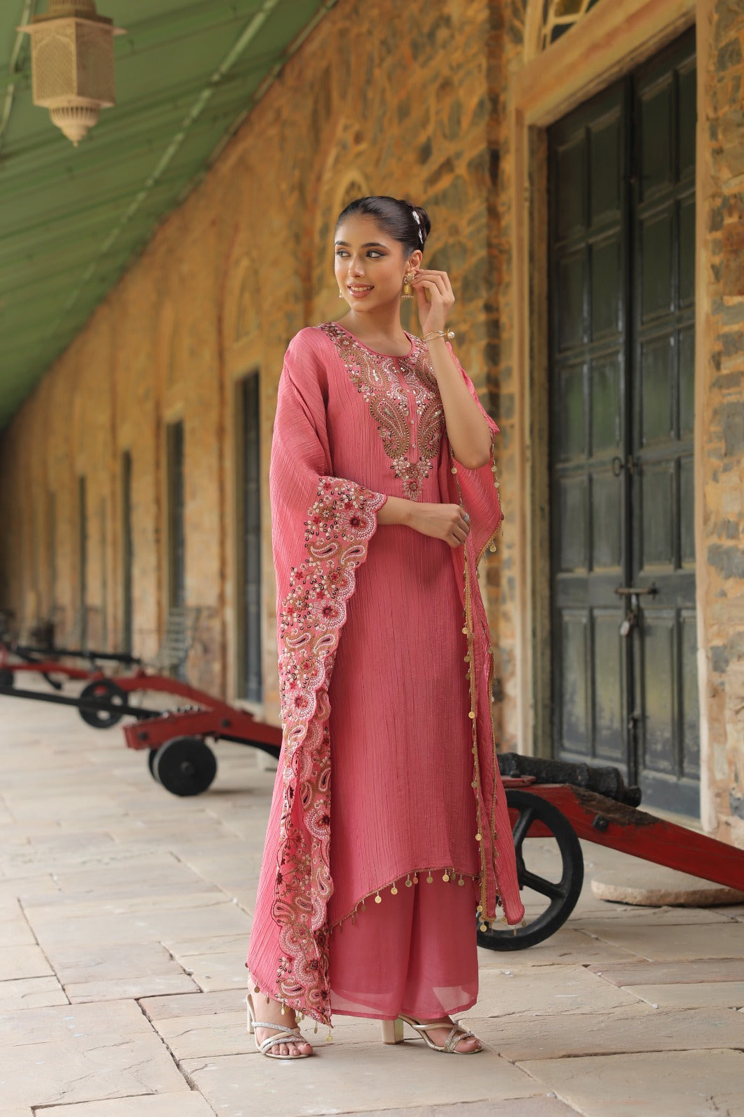 Blush pink pure curshed tissue with full parasi wark kaftan set (P917)