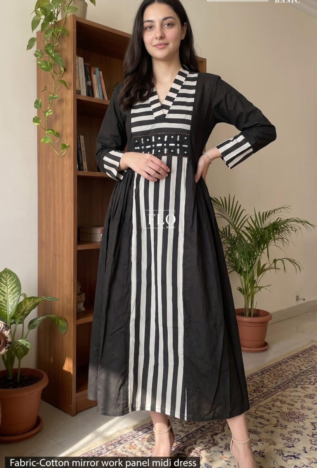 Handloom cotton with real mirror work smart one piece dress (C548)
