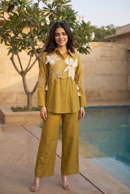 Cotton linen with embroidered shirt smart two piece cordset (C457)