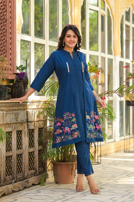 Blue pure cotton with deattachable jacket three piece set (P1237)