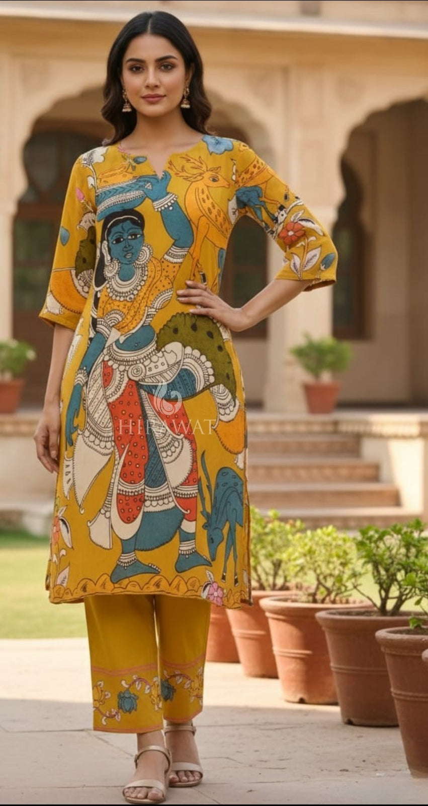 Yellow kalamkari pure crape two piece cordset (A1593)
