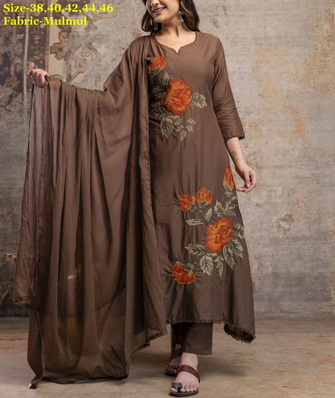 Brown mul cotton with full cross stitch work A line pattern three piece set (B324)