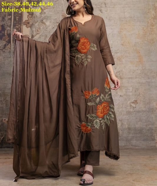 Brown mul cotton with full cross stitch work A line pattern three piece set (B324)