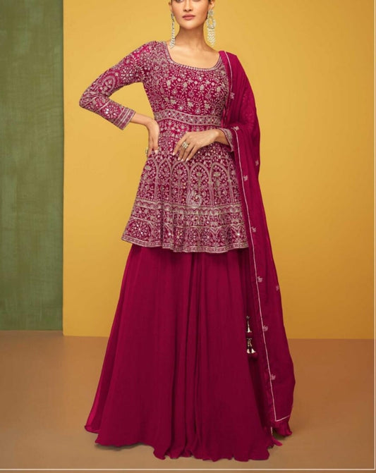 Wine pure georgette with full thread work designer three piece set (P1323)