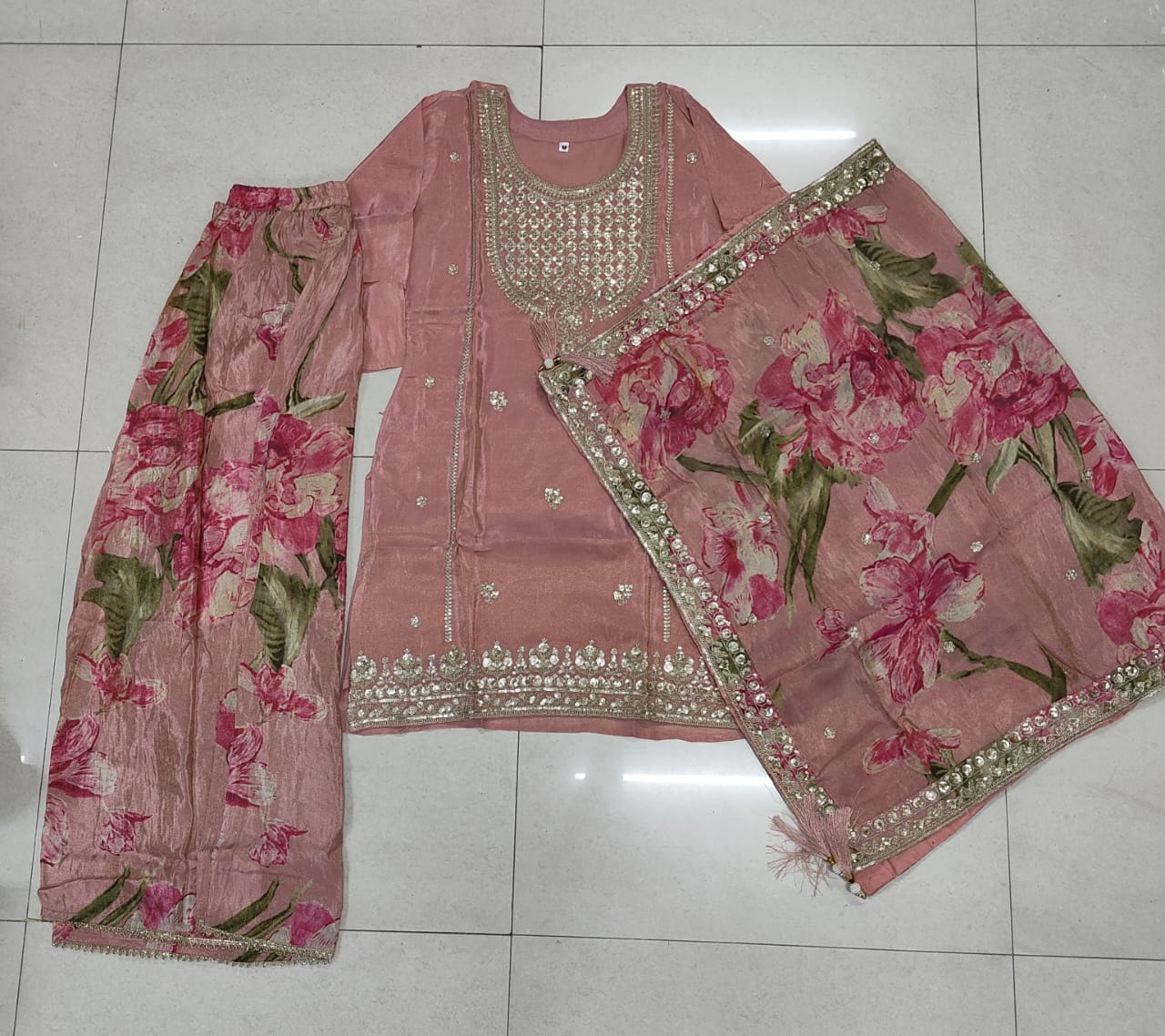 Pink pure silk with lining designer three piece set (A923)