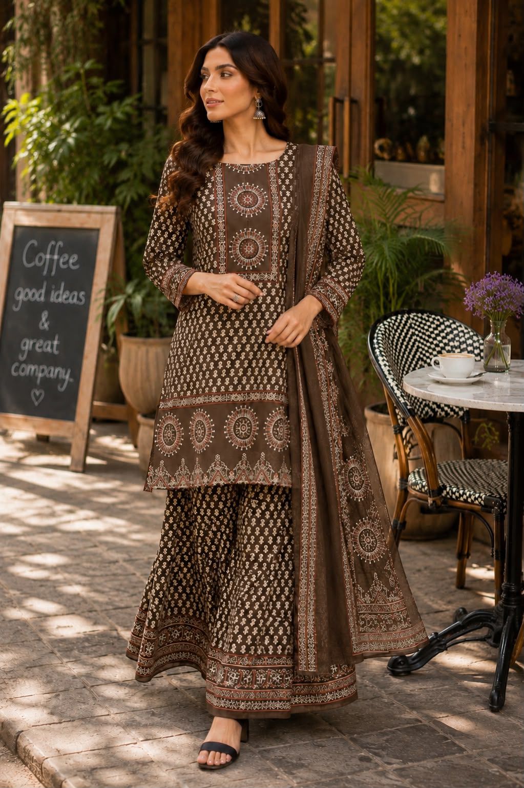 Pure cotton flared sharara with cotton dupatta three piece set (S175)