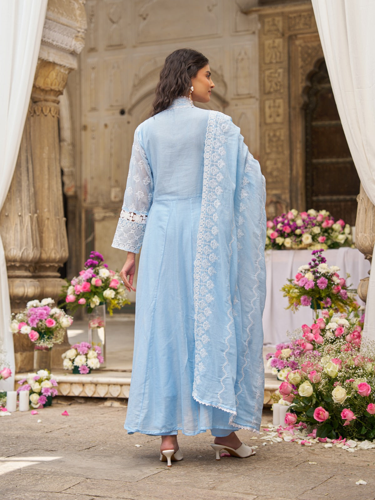 Powder blue full chikankari flared anarkali three piece set (A1779)