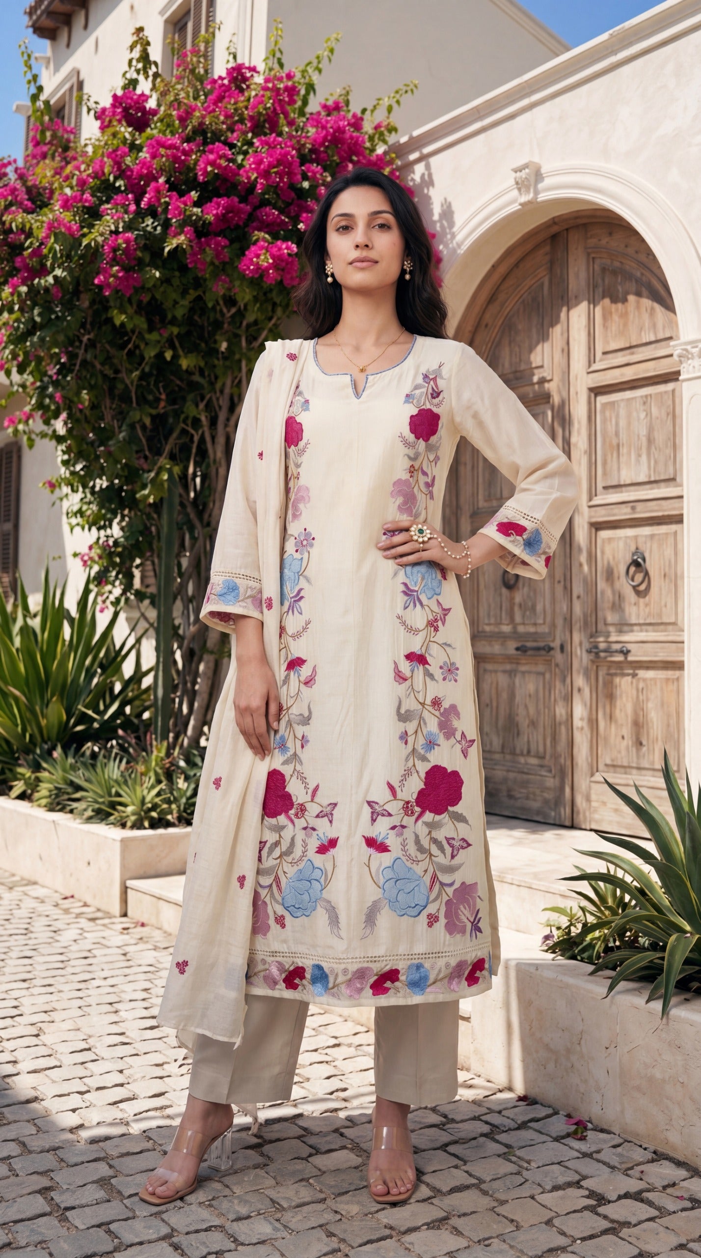 Soft crush chanderi full thread work three piece set (B781)
