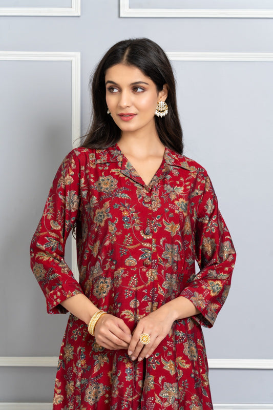 Mahroon pure kalamkari two piece cordset (A322)