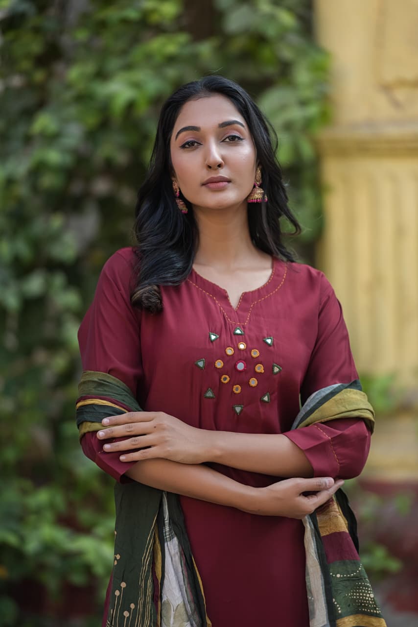 Pure muslin with real mirror work designer silk dupatta three piece set (A1270)