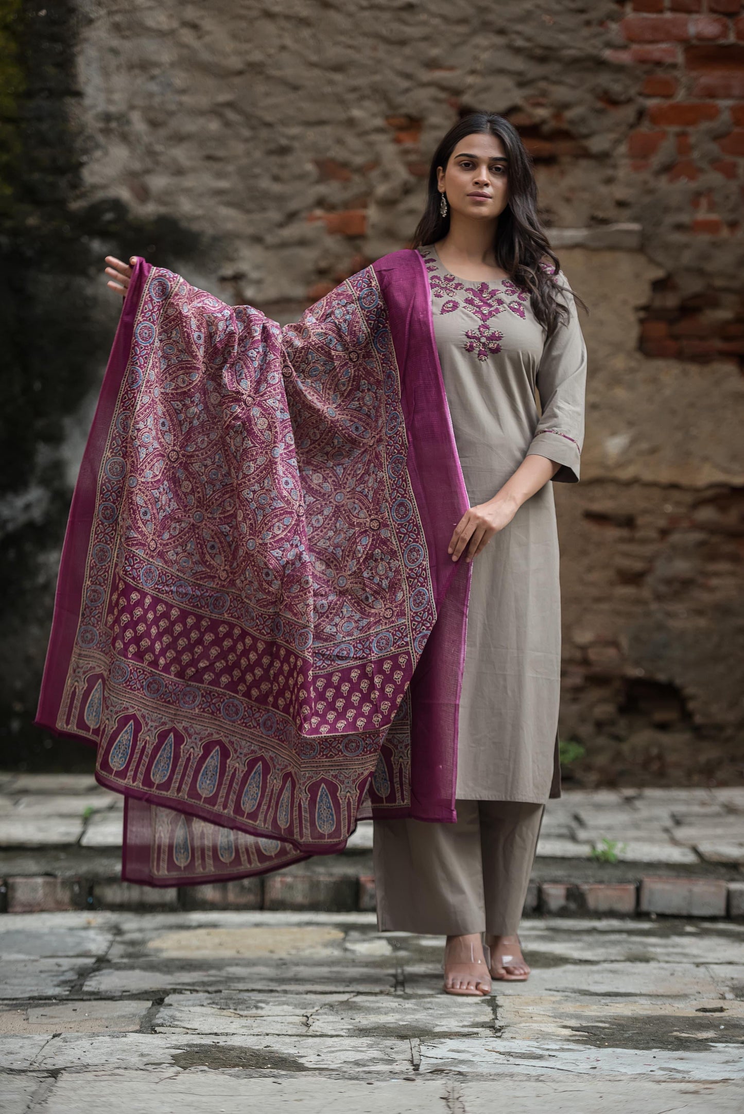 Pure cotton grey with pink ajrakh dupatta three piece set (A1034)