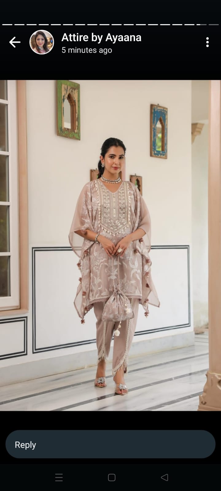 Fown color pure organza kaftan with inner and fully elastic tulip pant and designer potli bag (P809)