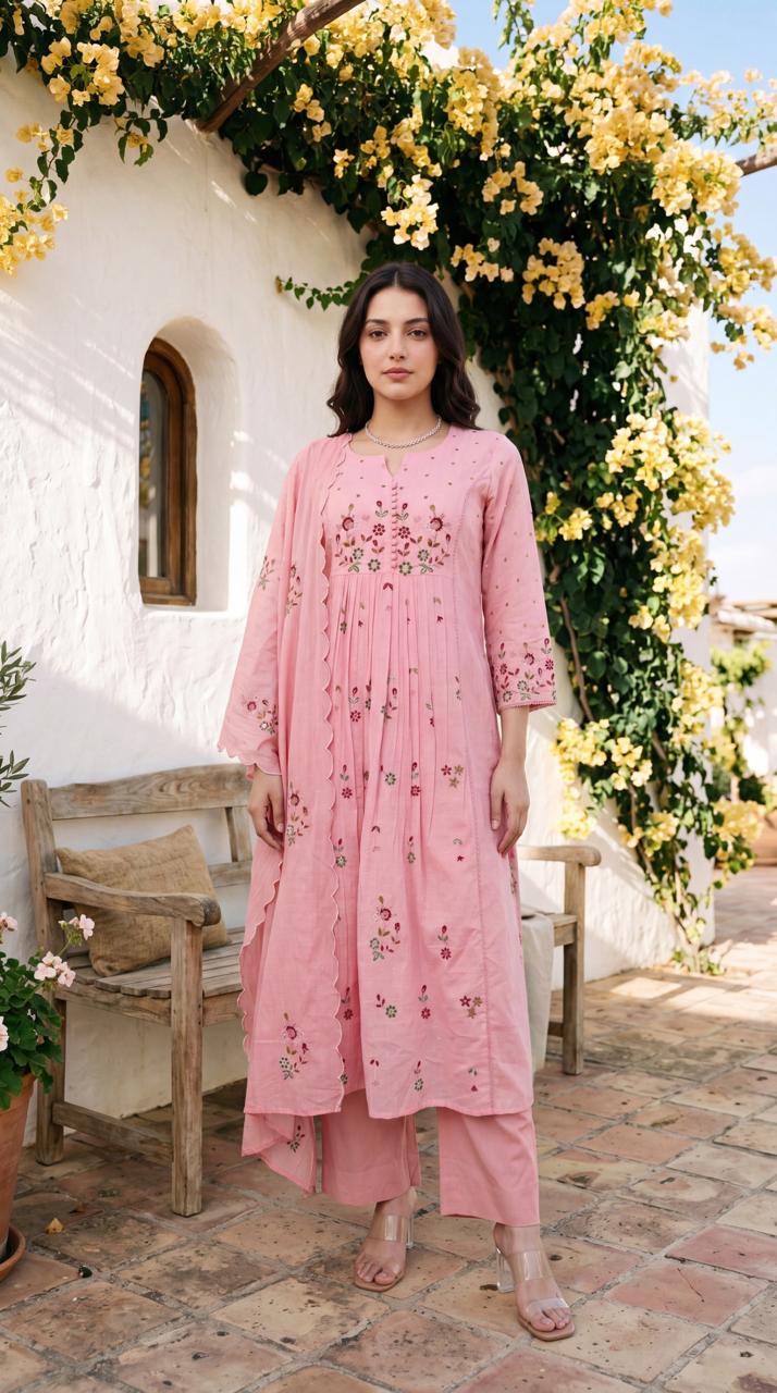 Dobby cotton with lining full thread work three piece set (B792)