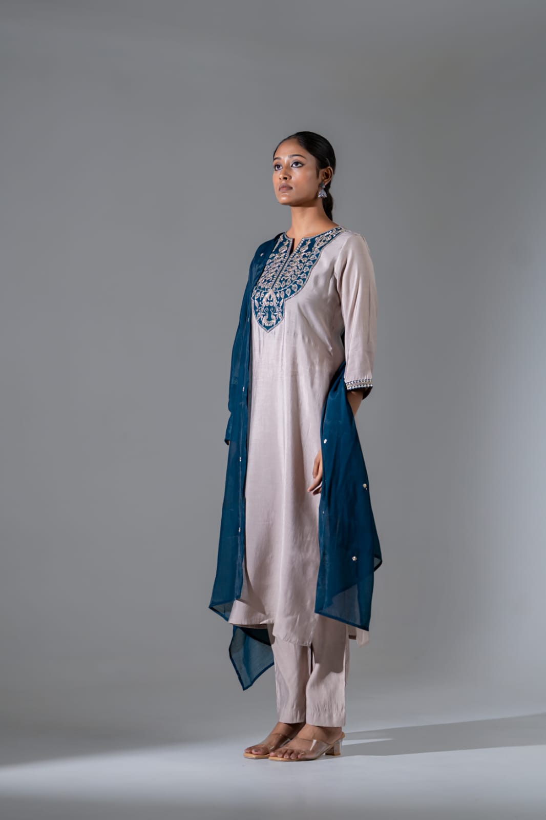 Grey with peacock blue pure muslin three piece set (A611)