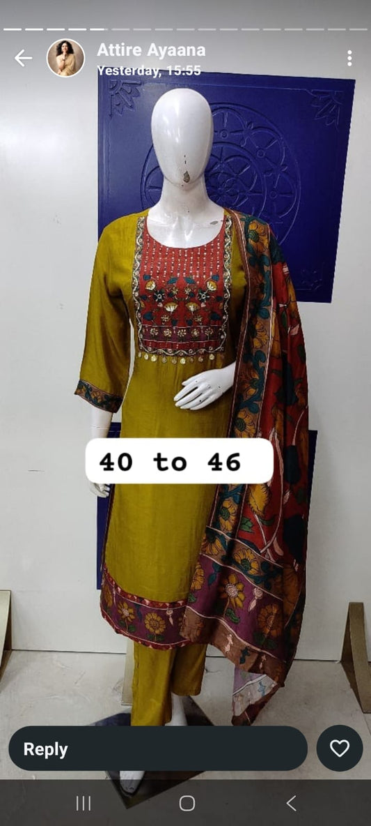 Mustred pure silk with kalamkari designer three piece set (A1001)