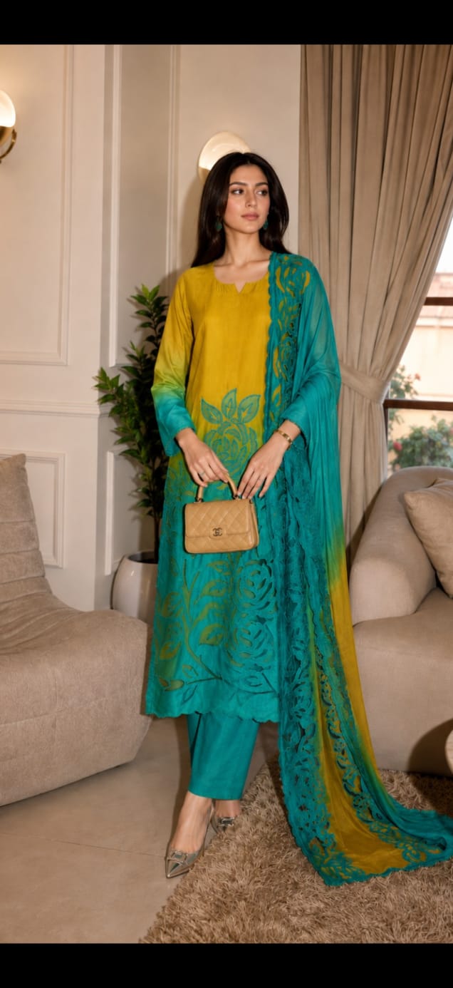 Crape with lining and full cut work three piece set (S340) (next week dispatch)