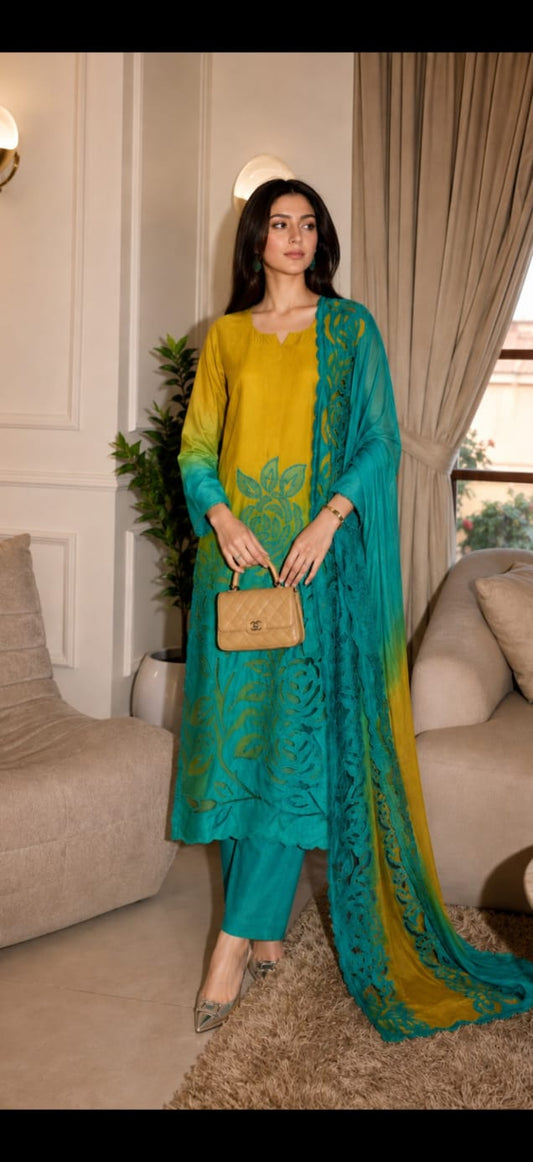 Crape with lining and full cut work three piece set (S340) (next week dispatch)