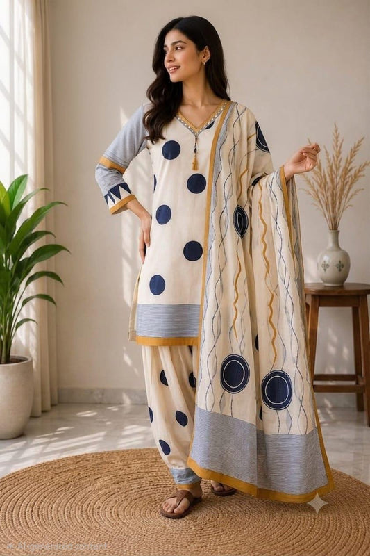 Blue Pure cotton three piece set with farshi salwar (S225)