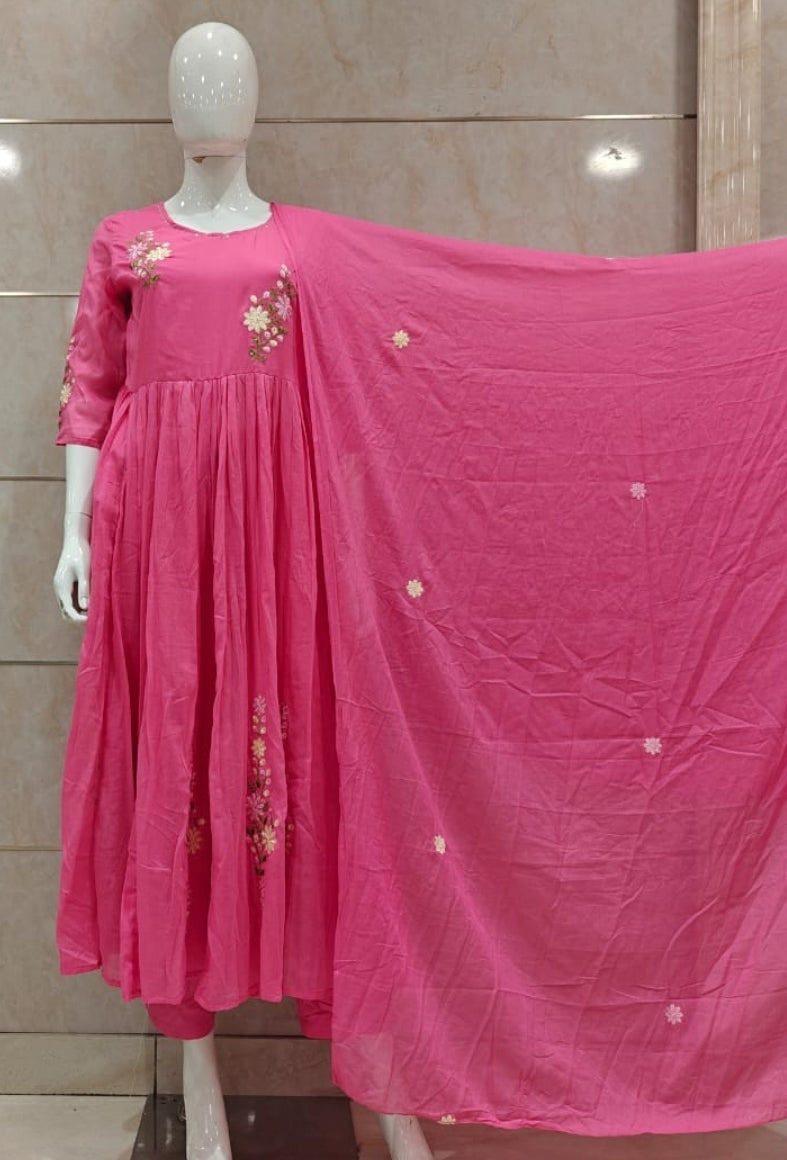 Fusia pink mul cotton Anarkali three piece set (P780)