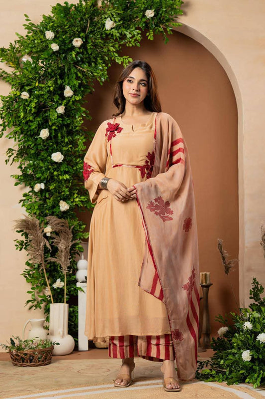 Premium mul silk kurta in digital print with linen striped  pants and organza dupatta (A937)