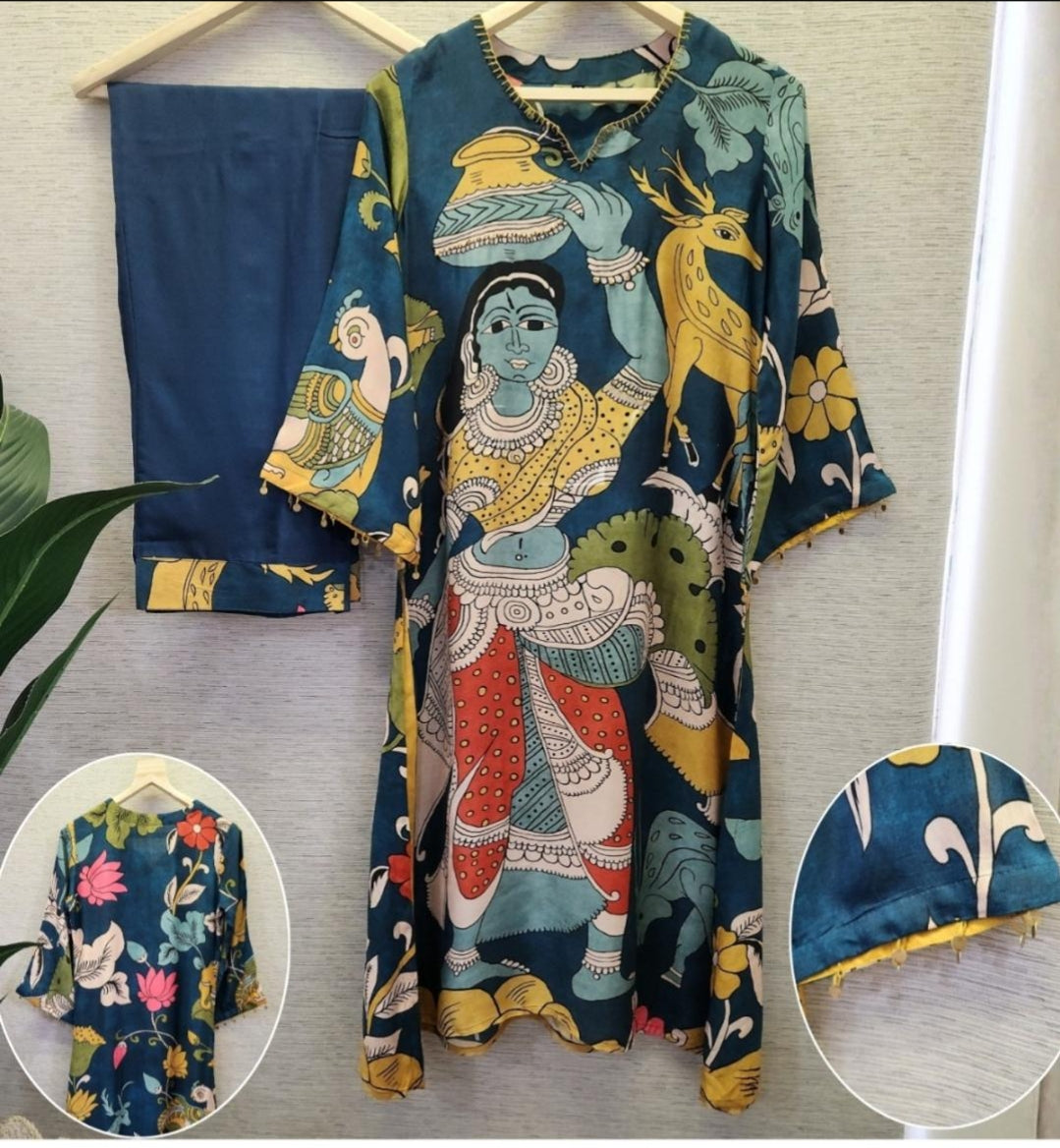 Pure Muslin silk kalamkari placement print stylish two piece cordset (A1493)