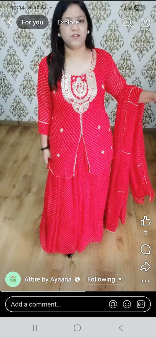 Red pure Georgette with a skirt three piece set (A393)