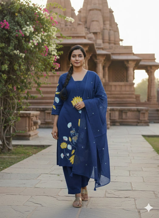 Blue pure cotton applique work three piece set (A1583)