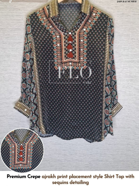 Pure crape silk ajrakh shirt (A925)