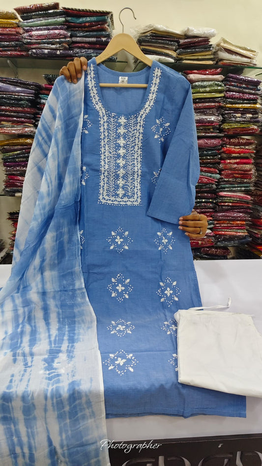 Denim look like with thread work three piece set (B1048)