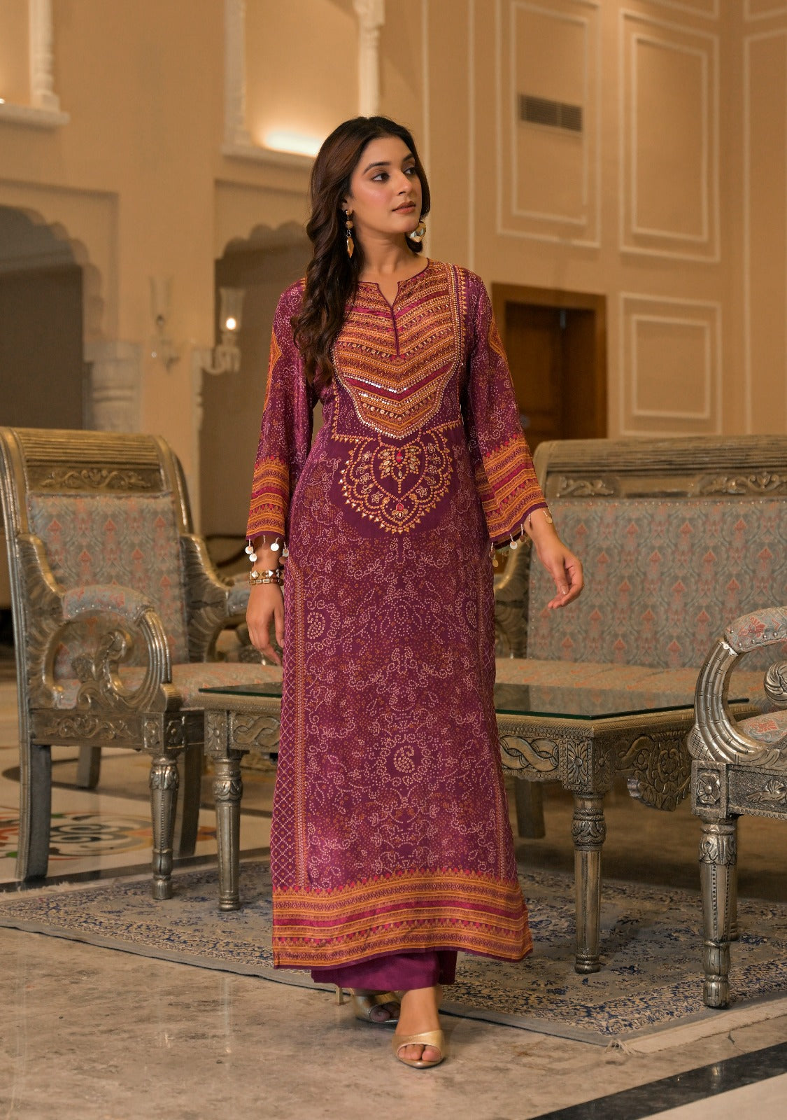 Natural crape with lining pakistani pattern two piece cordset length 54 inch (S305)