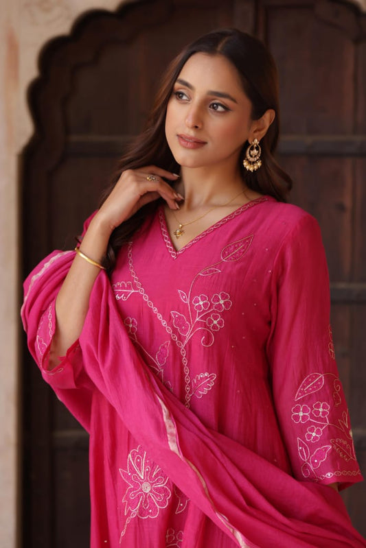 Bright pink pure mul chanderi A line with hand work three piece set (P1413)