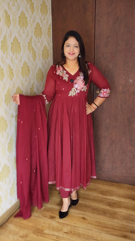 Mahroon pure cotton flared cotton anarkali (A942)