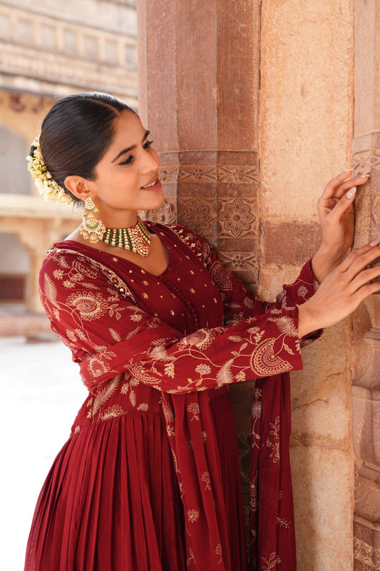 Pure chinnon with lining flared Anarkali perfect for karvachauth three piece set (S391)