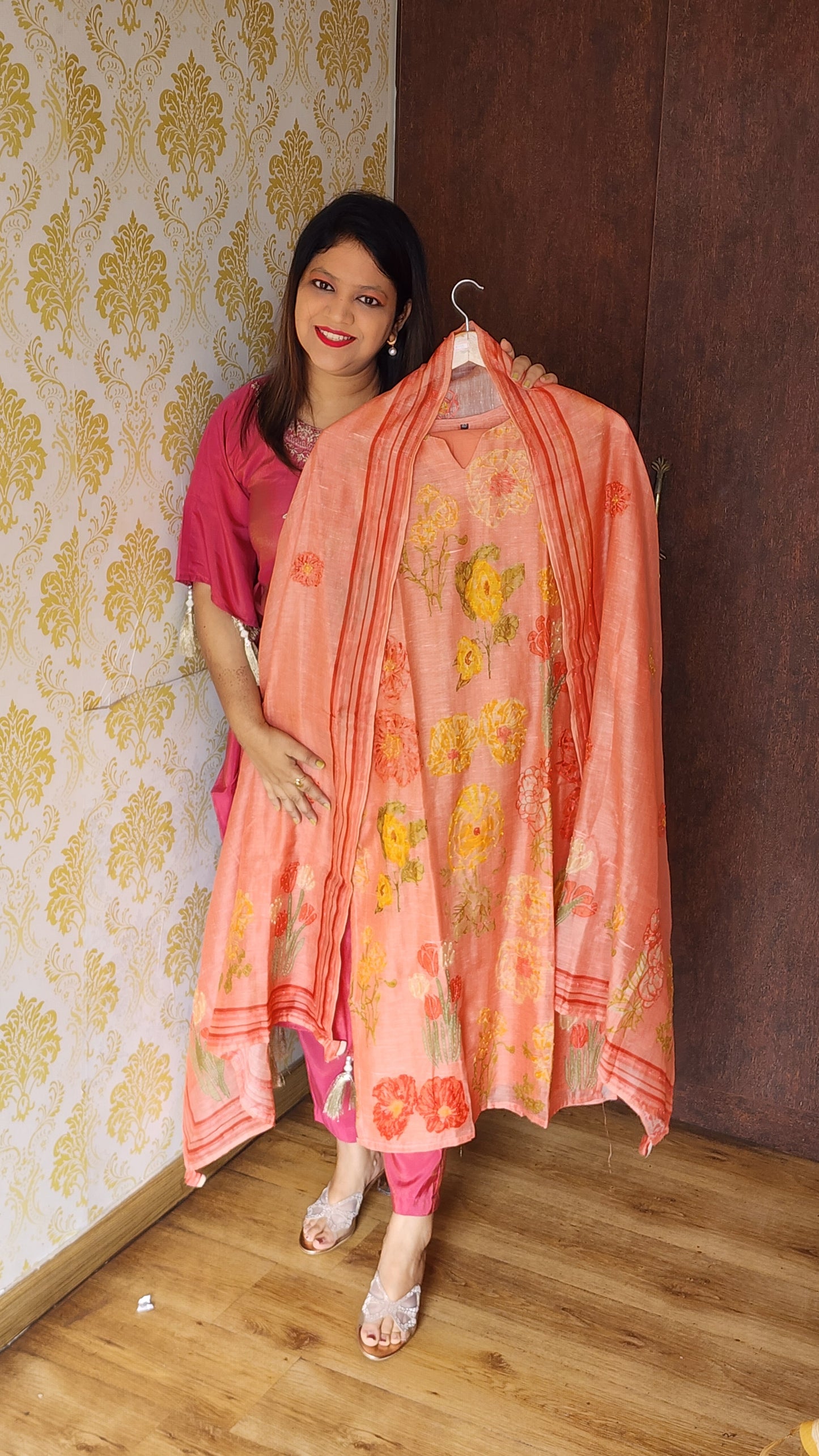 Peach linen full gitten work with lining three piece set (P1357)