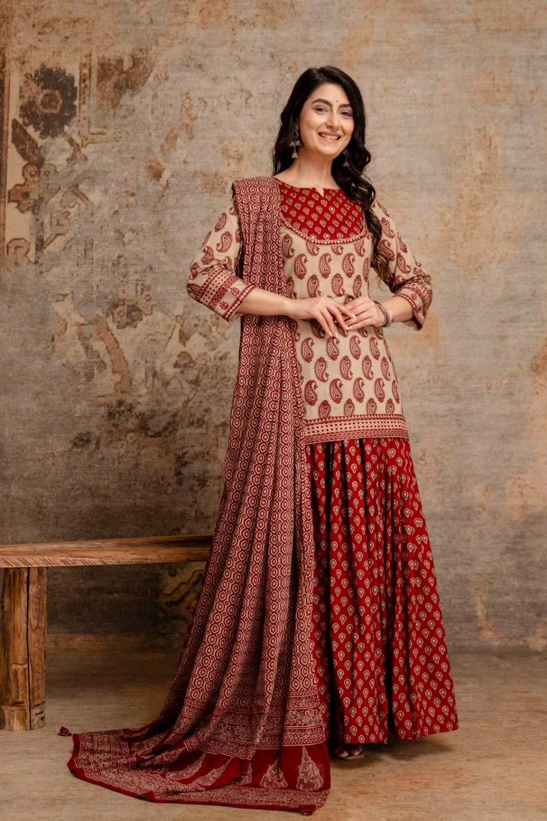 Pure cotton original block print gopi dress three piece set (S309)