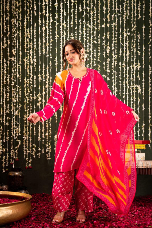 Hot pink lehriya with bandani pure mul silk with farshi salwar three piece set (A601)