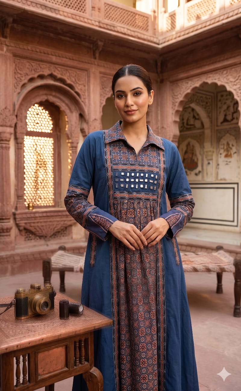Handloom cotton with real mirror work two sides pocket smart one piece dress (B678)