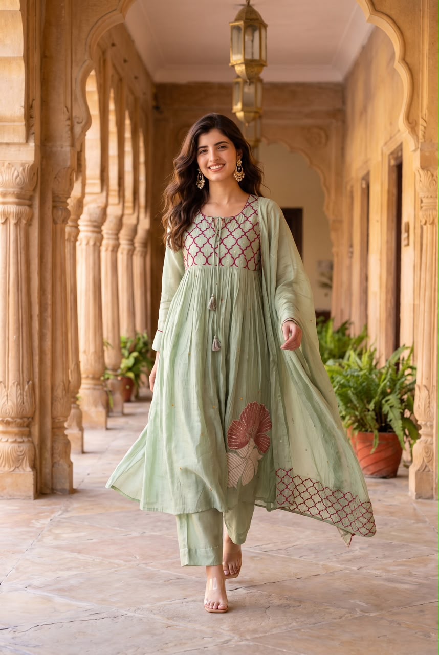 Pure mul chanderi with fully embroidered three piece set (C672)