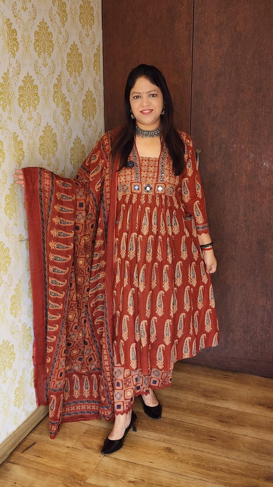 Mahroon ajrakh pure cotton three piece set (A1168)