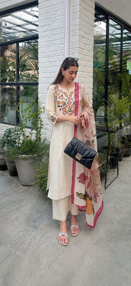 Pure cotton linen with full thread work and paired with printed linen dupatta three piece set (B845)