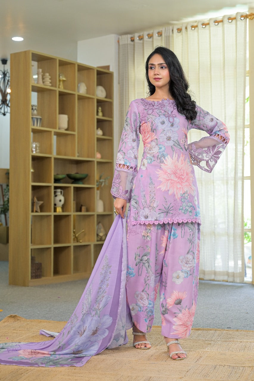Lilac colour pure cotton farshi salwar three piece set (A294)