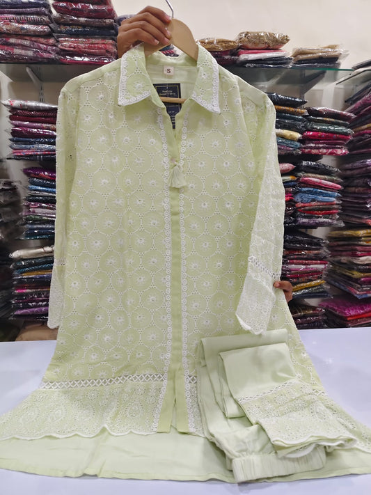 Light green pure mul cotton chikankari two piece cordset (P2315)